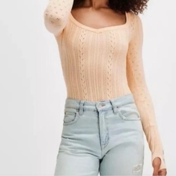 Free People Peach Long Sleeve Bodysuit with embroidery on sleeves - Picture 14 of 16